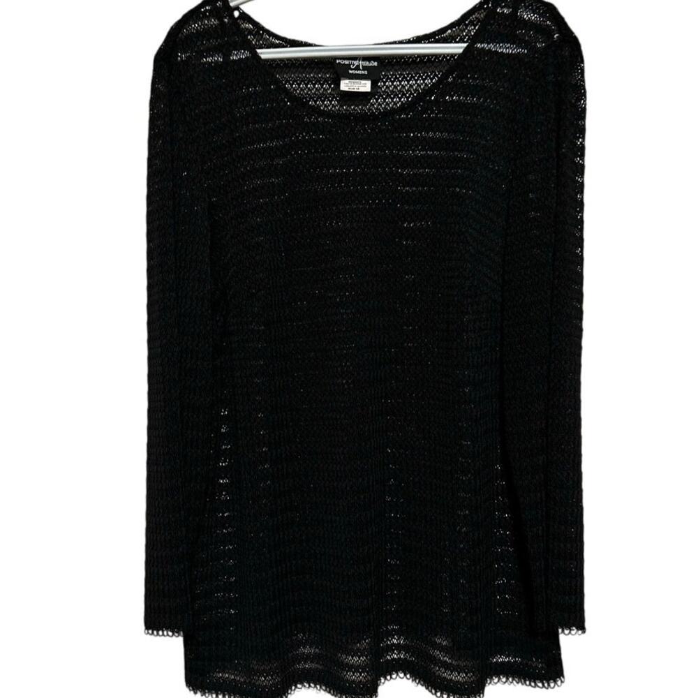 Positive Attitude Women's Black Lace/Mesh Long Sleeve Blouse Tan Tank Size 18